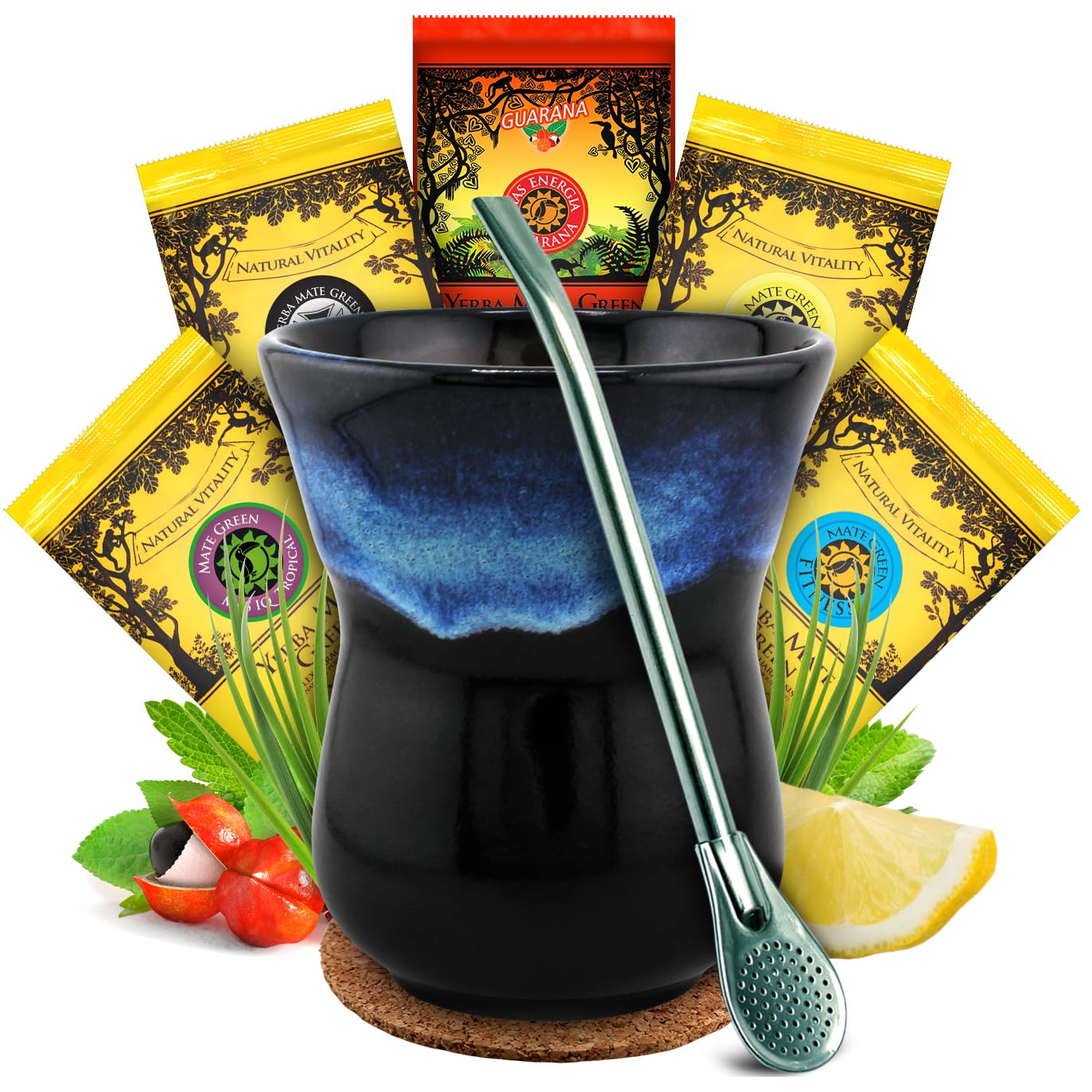 Mate Green Yerba Set Handmade becher mit Bombilla 5x50g (Handmade Keramik)