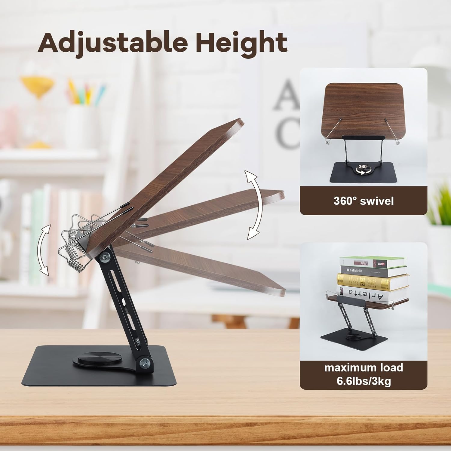 comfoyar Book Stand for Reading, Foldable Textbook Reading Stand with 360° Swivel Base and Elastic Page Clips, Adjustable Desk Cookbook Holder for Recipe Tablet Laptop Music Scores, Hands Free