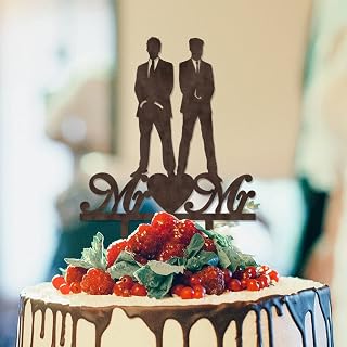 2 Grooms Gay Weddingg Cake Topper Groom Silhouette Same Sex Marriage Cake Topper with Heart Love Two Grooms Personalized Cake Topper Mr & Mr LGBTQ Wedding Cake Decor LGBT Wood Brown Topper