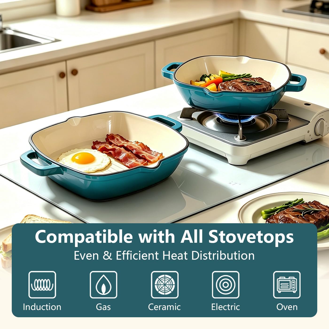 Enameled Cast Iron Square Grill Pan, Skillet with Large Loop Handles for Grilling Bacon, Steak, and Meats (Peacock Blue, 10 inch)