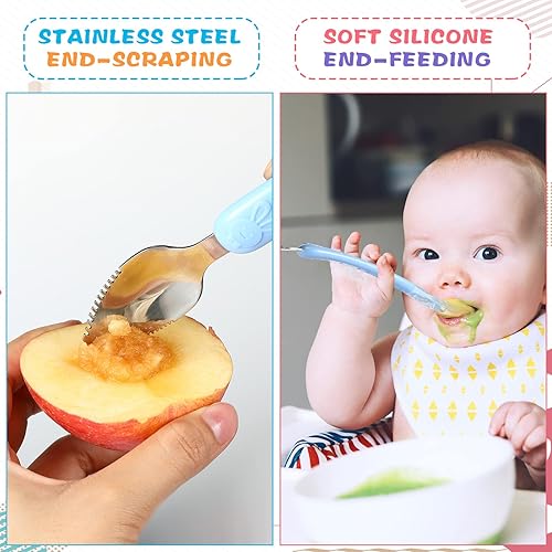 Miniatura 4 de Lallisa Cuchara de silicona de doble cabeza para bebés, cuchara de barro para raspado de frutas para bebés, cuchara de alimentación suave para