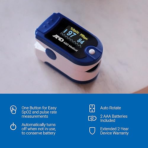 Miniatura 2 de A&D Medical UP-200 Oxímetro de pulso de la punta de los dedos, saturación de oxígeno en sangre y monitor de frecuencia cardíaca, lecturas precisas