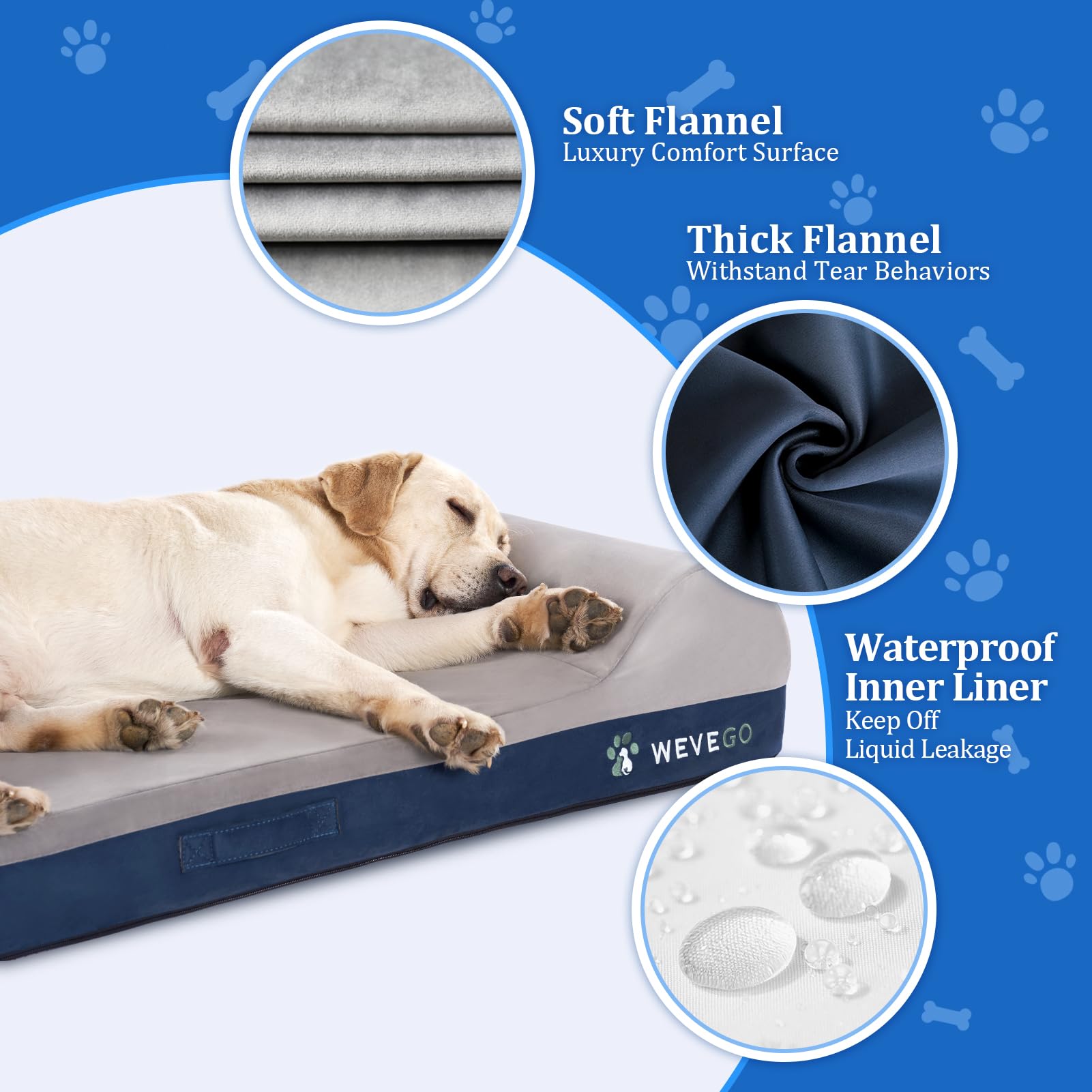 WEVEGO Orthopedic Dog Bed - 7.87-inch Thick Gel Memory Foam with Pillow, Durable Flannel Fabric and Removable Cover & Waterproof Liner for Large Dogs