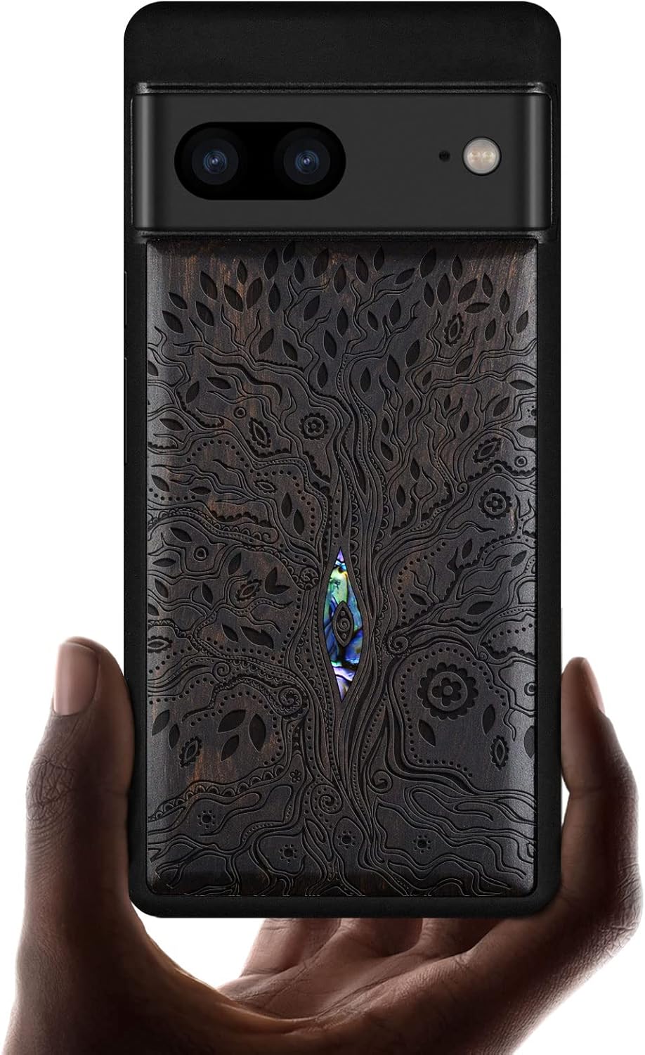 Carveit Designer Wooden Case for Google Pixel 7 Case Protective Cover [Wood Engraving & Shell Inlay] Unique Wood Cover Compatible with Wireless Chargers Pixel 7 (Tree of Life-Blackwood)