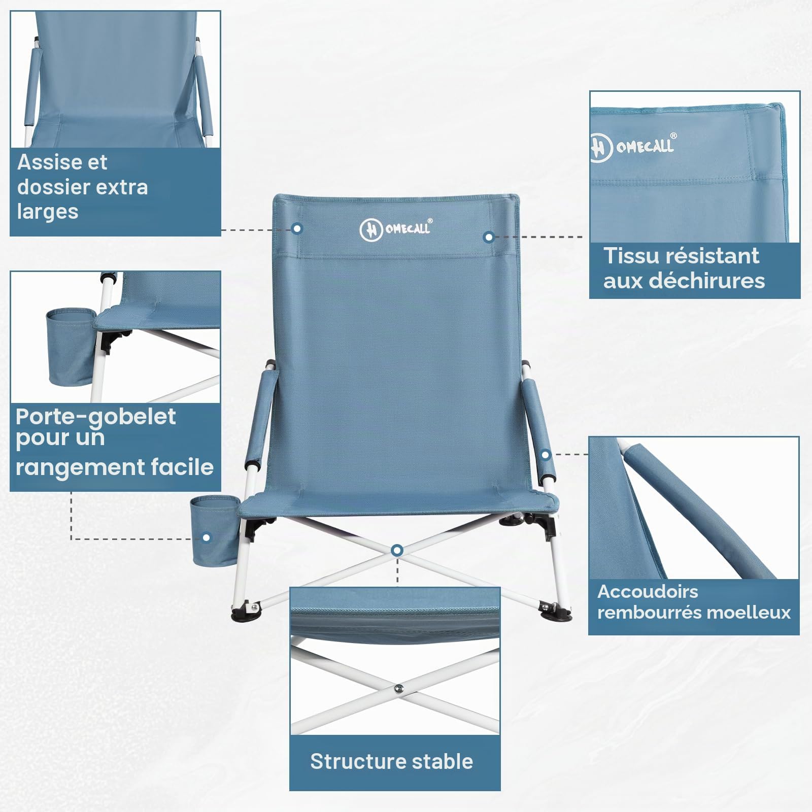 Homecall Chaise de plage pliante, légère, basse, avec dossier confortable, accoudoirs rembourrés, jusqu'à 120 kg, pour plage, jardin (1 pièce)