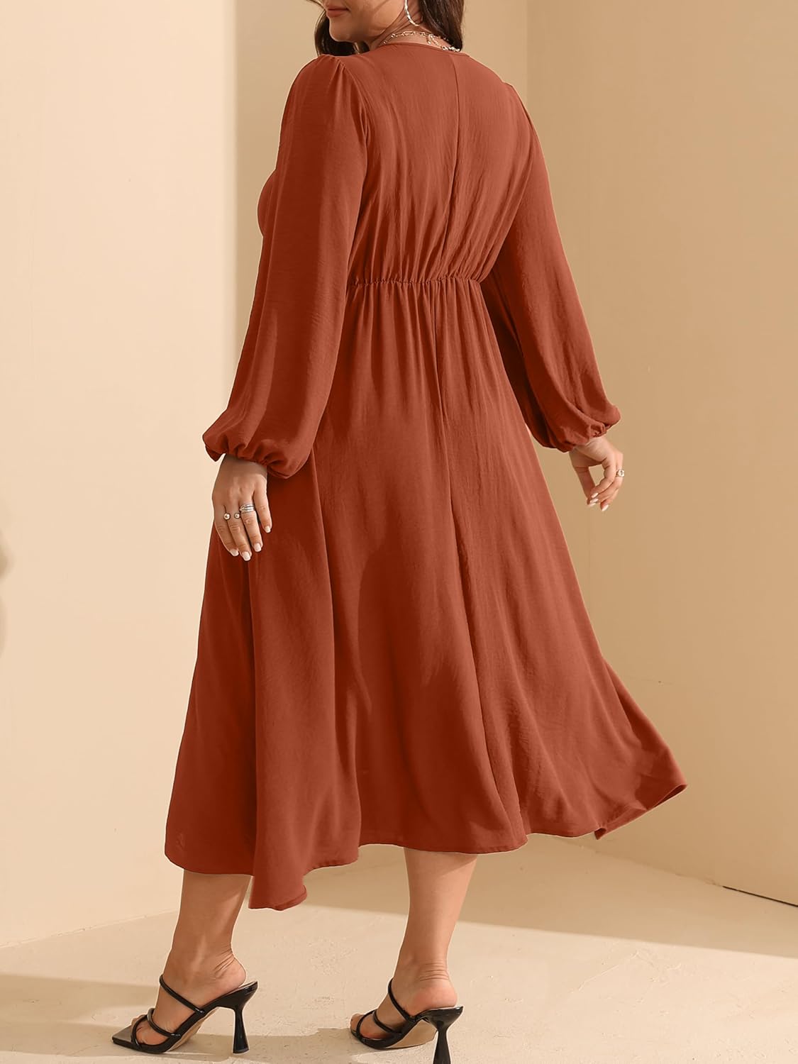 RWJ Fall Wedding Guest Dresses for Women Plus Size V Neck Long Sleeve Tie Front Cocktail Maxi Dress with Pockets - Image 2
