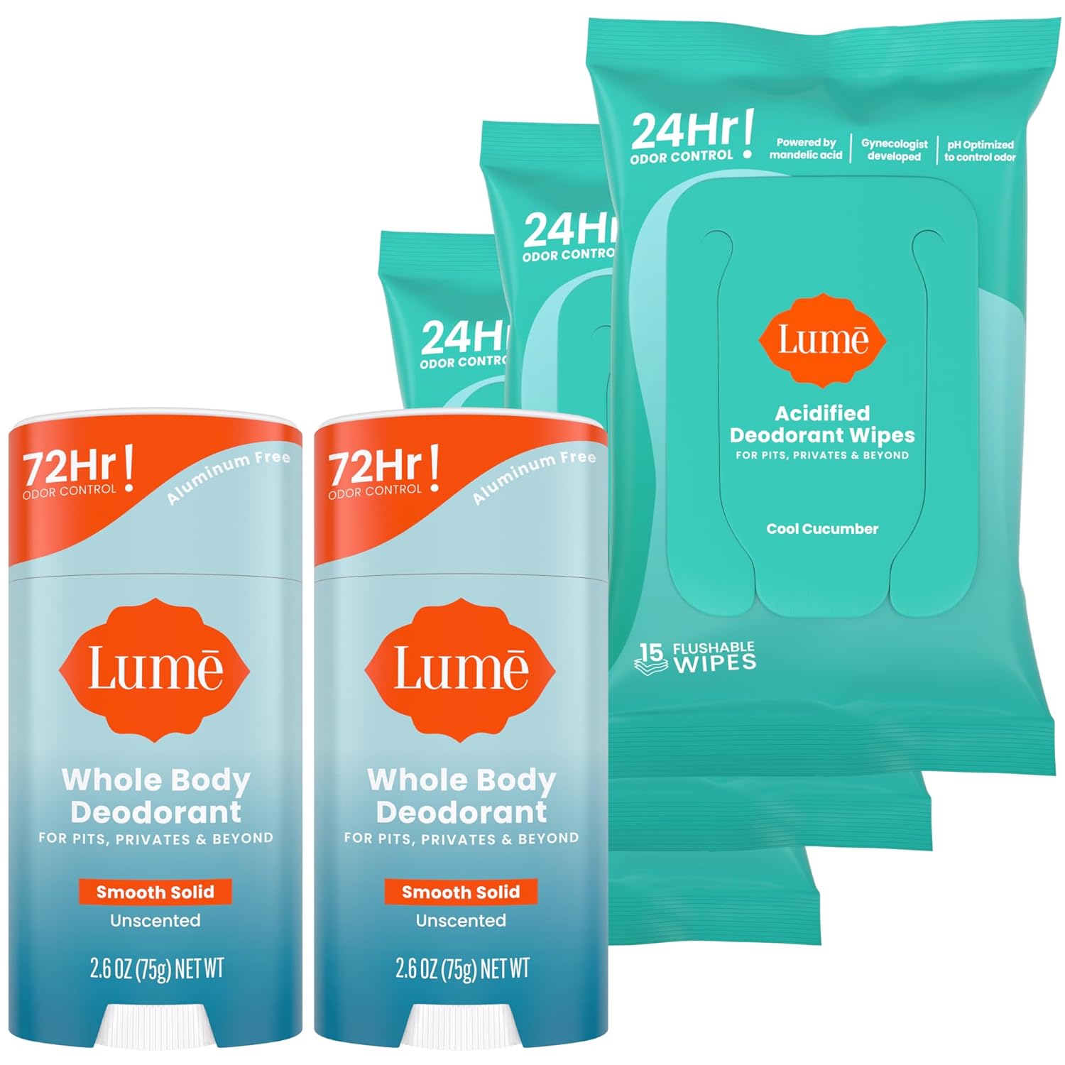 Lume Whole Body Deodorant - 2-Pack Smooth Solid Stick (Unscented) and Acidified Deodorant Wipes (Cool Cucumber) - Aluminum Free, Baking Soda Free and Skin Safe