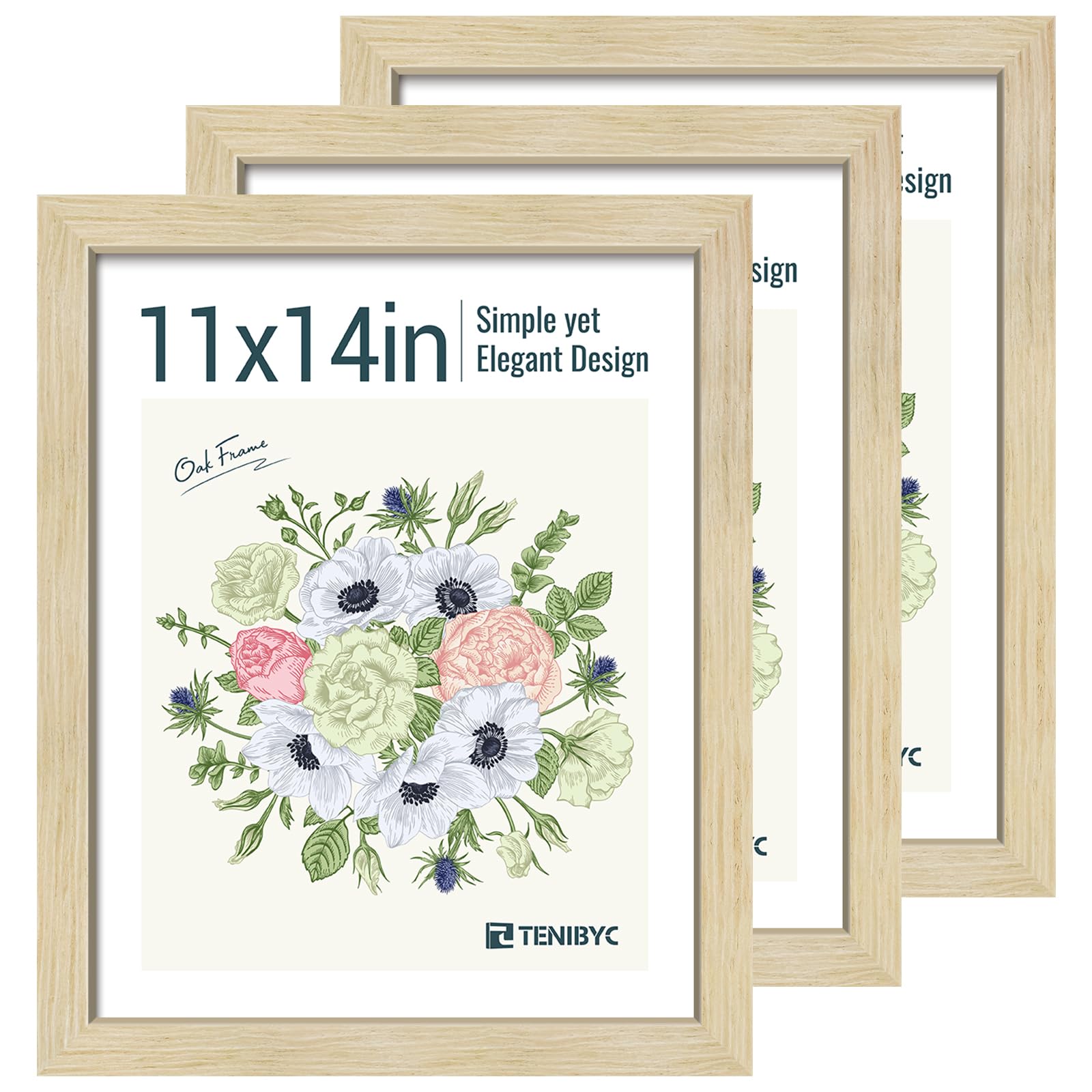 Photo 1 of TENIBYC 11x14 Picture Frames Set - 3 Pack - Natural Oak Wood - Tempered Glass - for Wall Photos, Family Memories, Posters & Puzzles, Home Decor