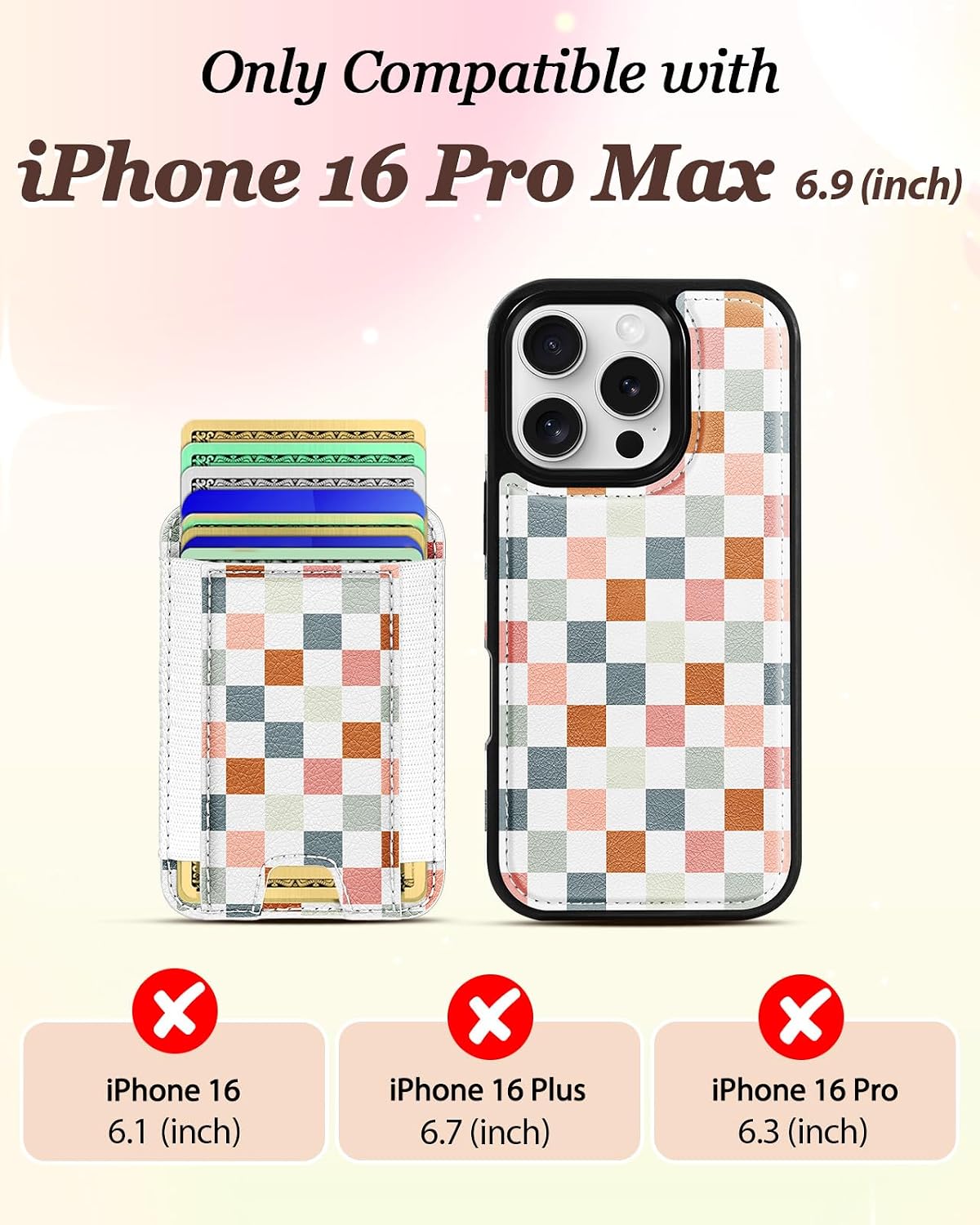 Shorogyt for iPhone 16ProMax Case Wallet - Fits 5 Cards, Compatible with Magsafe Detachable Magnetic Credit Card Holder Leather Cardholder Cute Phone Cover Women Girls for Apple 16ProMax, Color Grid