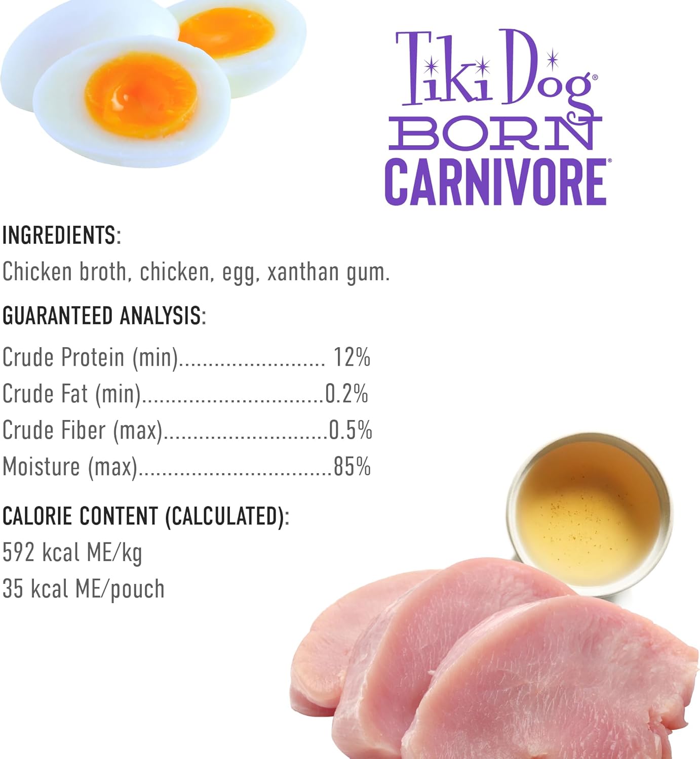 Tiki Dog Born Carnivore Protein Booster Dog Food Topper, Chicken and Egg Recipe in Broth, 2.1 oz. Pouch (12 Count) (Pack of 2)