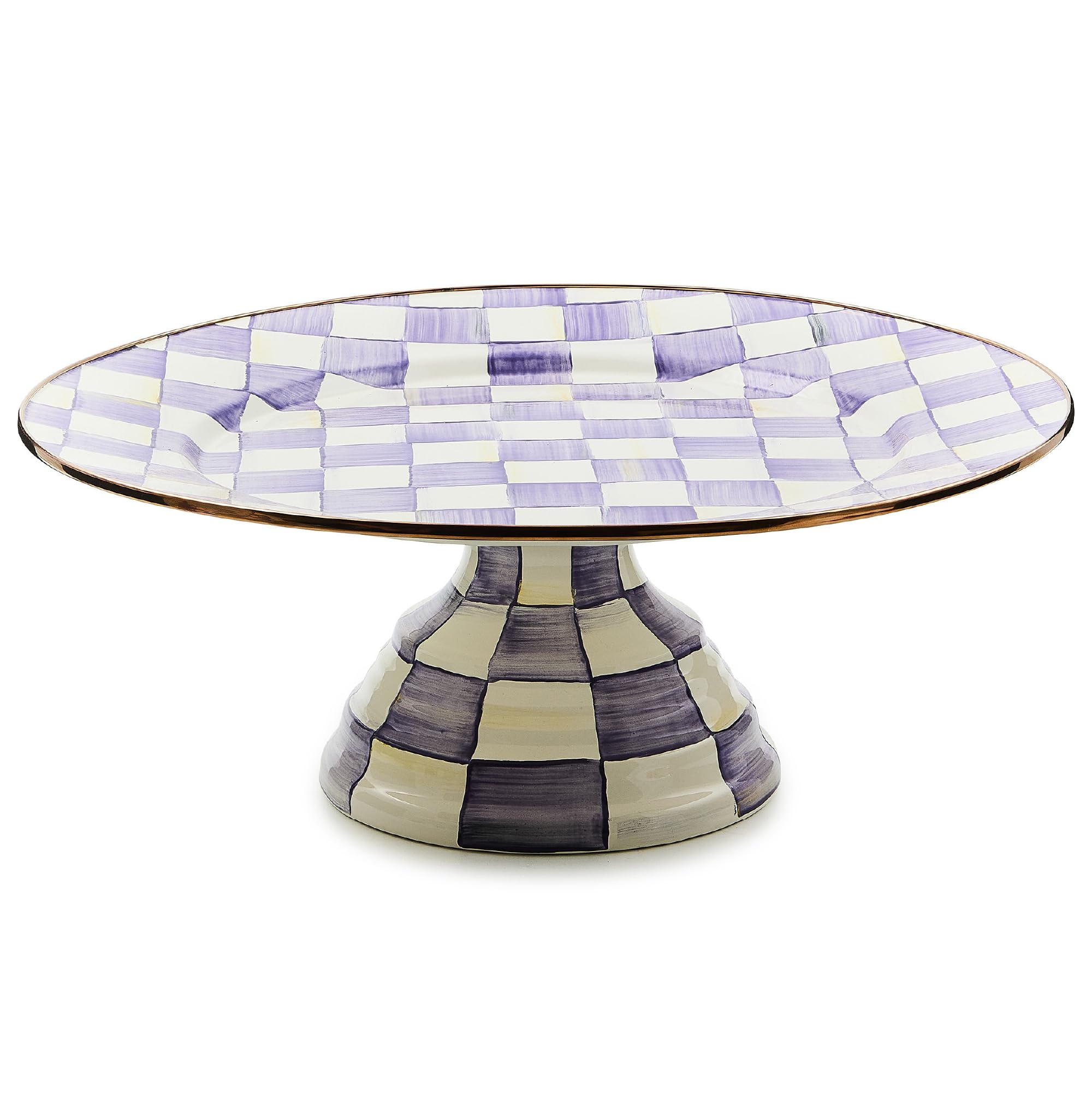 MACKENZIE-CHILDS Enamel Pedestal Platter, Round Cake Stand, Large, Purple-and-White Violet Check