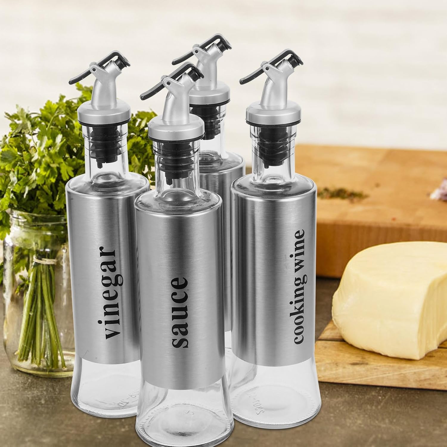 BESTYASH 4pcs Glass Oil and Sauce Dispenser Bottles 300ml with Stainless Steel Pourer Drip-free Design for Kitchen Cooking Vinegar and Wine Bottle Set