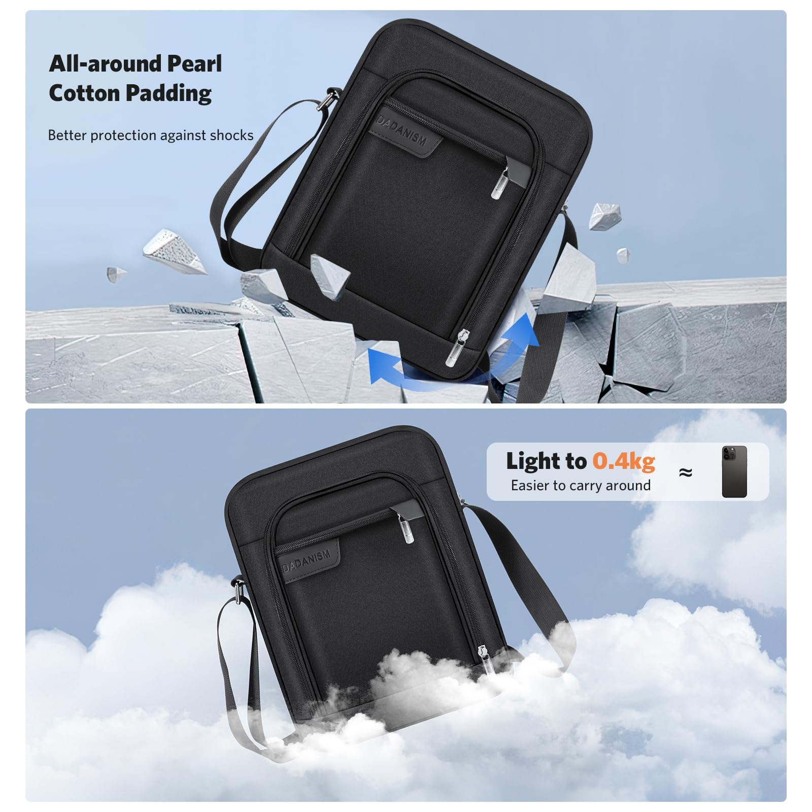 Dadanism Sac à Bandoulière Étui de Transport pour Tablette 9-11" pour iPad Air 11" 2024, iPad 9/8/7e Gén 10,2, iPad Pro 11 M4 M2, iPad Air 5/4 10,9 iPad 10e Gén, Galaxy Tab A9+/A8/S9 FE/S6 Lite, Noir