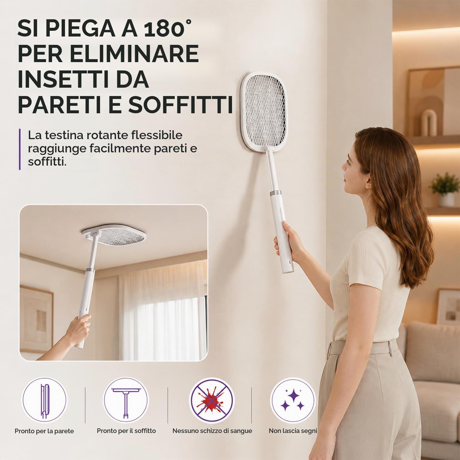 Racchetta Zanzare Elettrica (2 Pezzi), 5000V Ammazza Zanzare e Mosche 2 in 1 con Luce Notturna, Testa Pieghevole 180° e Lunghezza regolabile da 61 a 72 cm, 2000mAh, Lampada Antizanzare da Interno