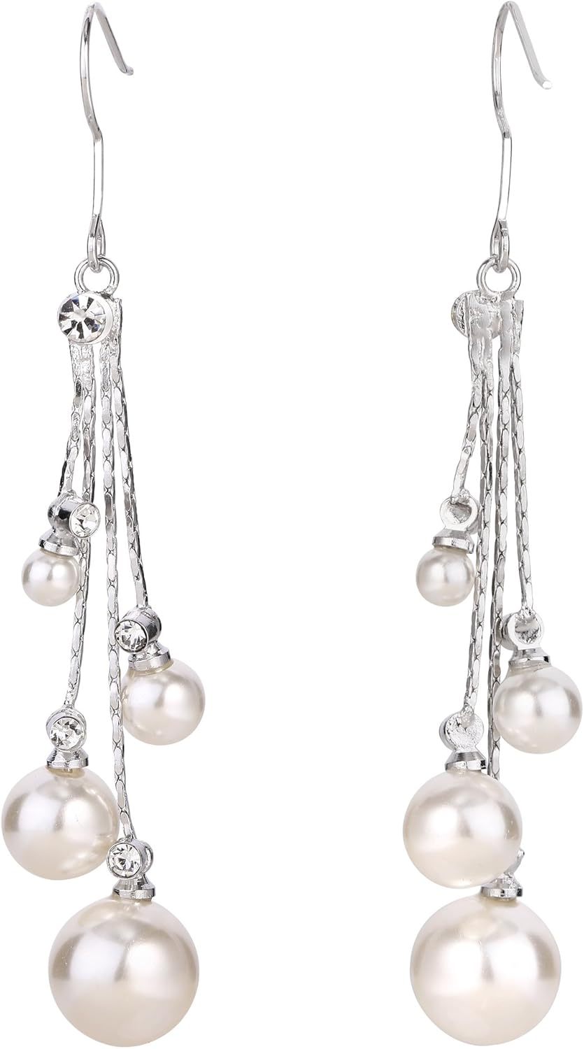 EleQueen Women's Silver-tone Crystal Simulated Pearl 4 Chain Bridal Long Dangle Hook Earrings Ivory Color