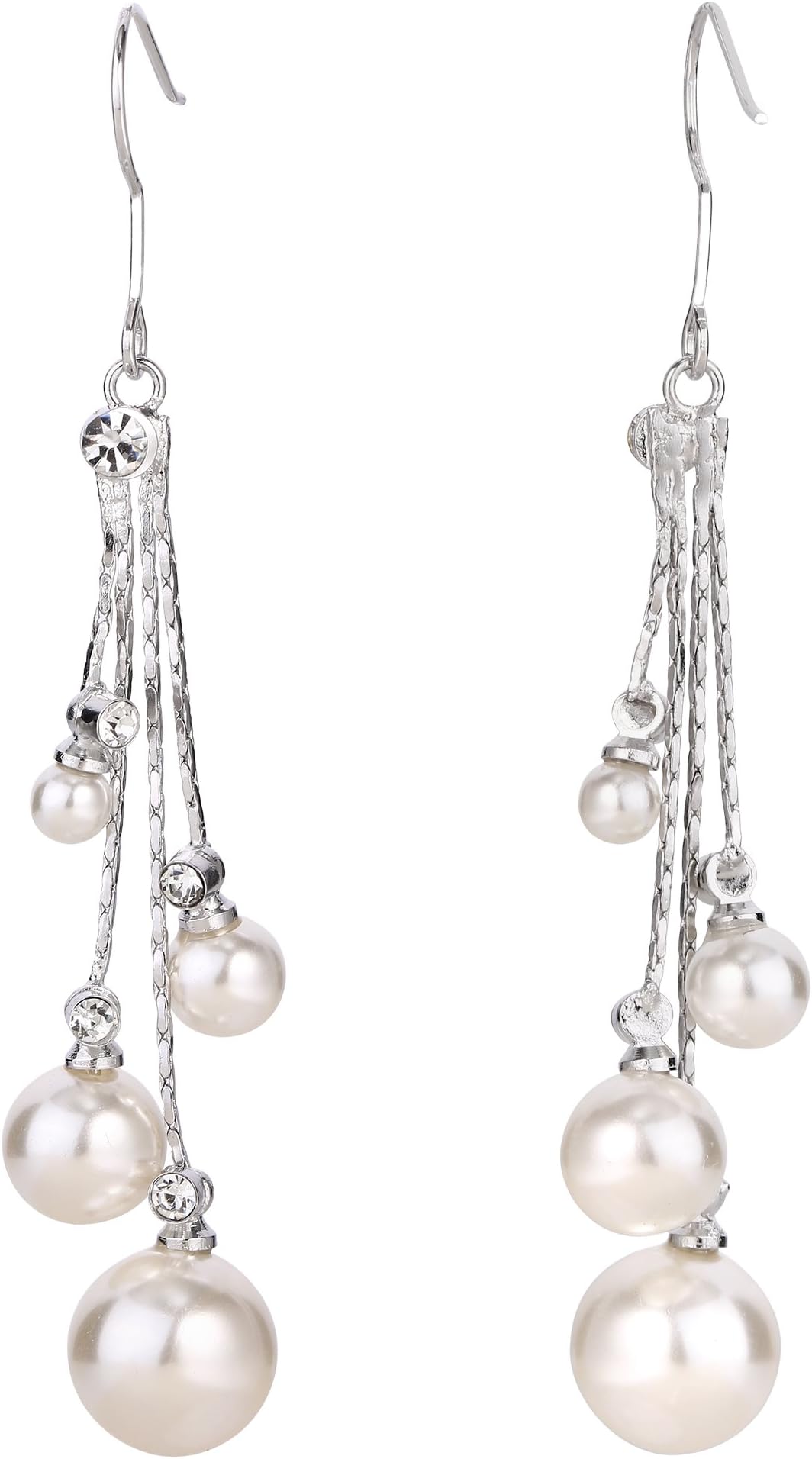 Women's Silver-tone Crystal Simulated Pearl 4 Chain Bridal Long Dangle Hook Earrings Ivory Color