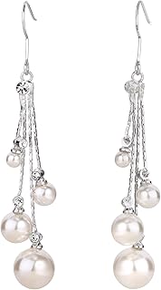 EleQueen Women's Silver-tone Crystal Simulated Pearl 4 Chain Bridal Long Dangle Hook Earrings Ivory Color