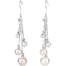 Women's Crystal Simulated Pearl 4 Chain Bridal Long Dangle Hook Earrings