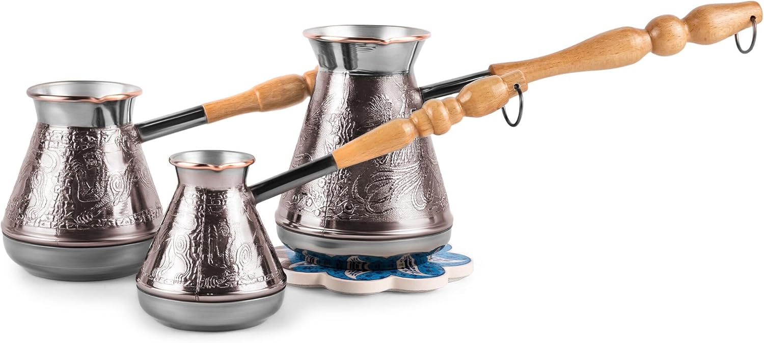 Copper Cezve (turka) Set of 3 with Gift Ceramic Trivet, Stovetop Coffee Maker, Cezve Ibrik Briki with Wooden Handle & Wooden Spoon, Hand Engraved