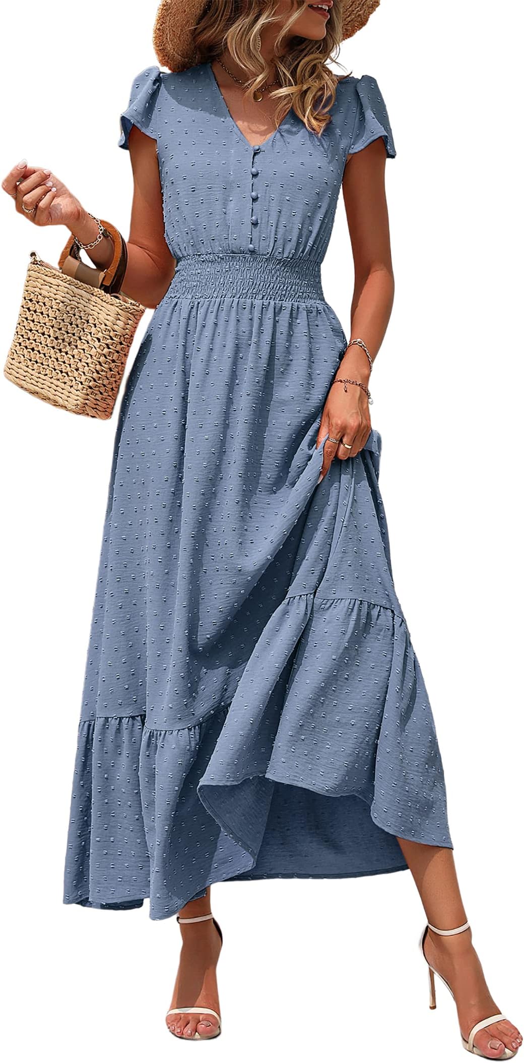 Womens Dresses 2026 Summer Maxi Dress Boho Short Sleeve V Neck Swiss Dot Ruffle Tiered Smocked Flowy Long Dress