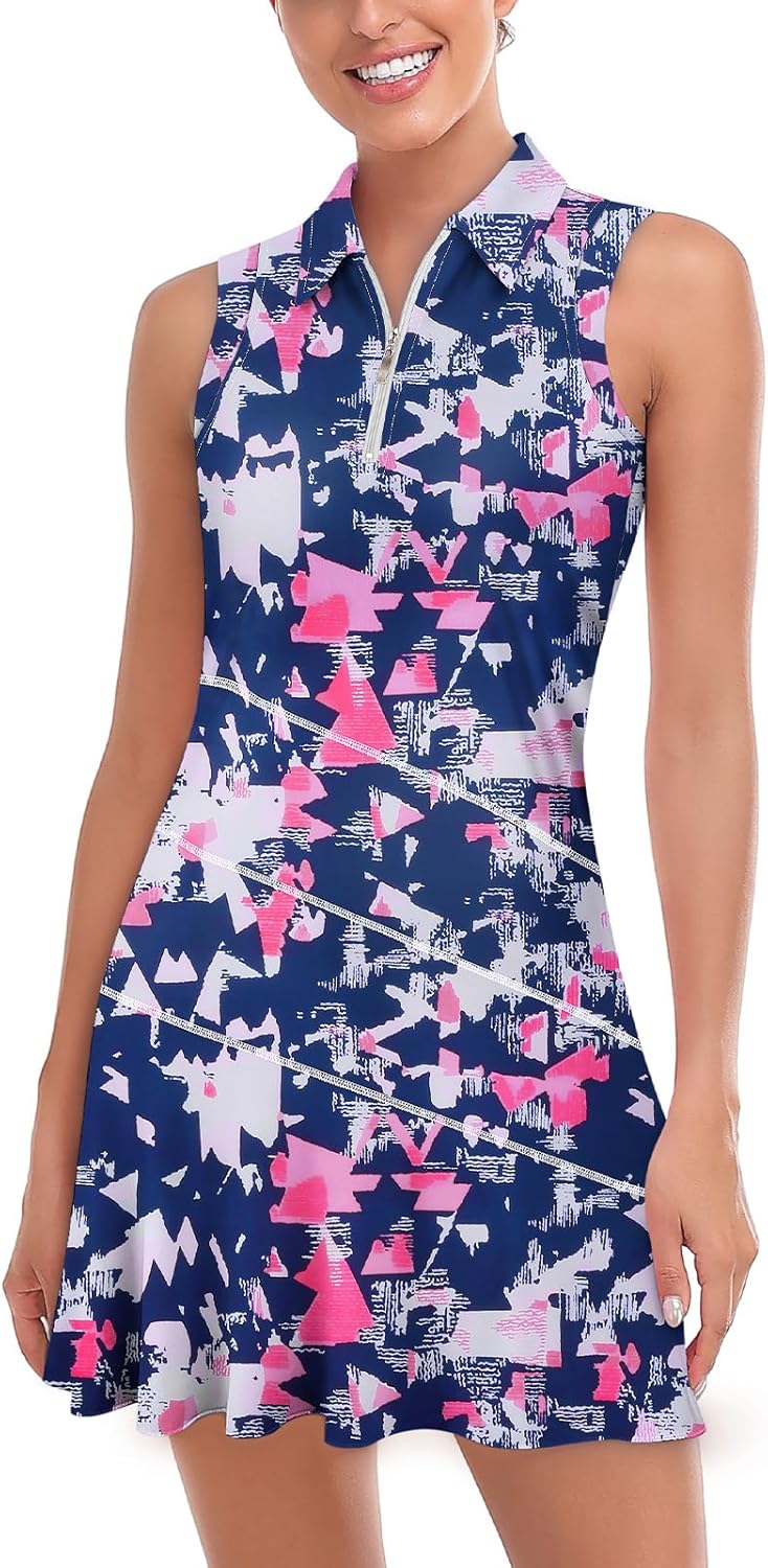 Misyula Tennis Dresses for Women,Athletic Dress with Shorts 2Pockets Zip Up Polo Sleeveless Golf Workout Dress(XS-XL)