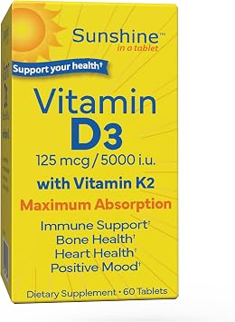 Sunshine Vitamin D3 with Vitamin K2, D3 5000 IU with K2 100 mcg for Healthy Muscle Function, Bone Health and Immune Support, Vitamin D3 K2, 60 Tablets