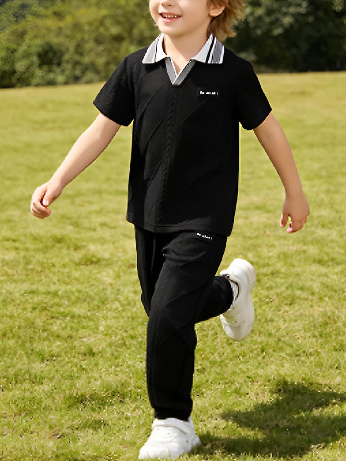 Boy Outfits Summer V Neck Short Sleeve Shirts and Pants Sets Fashion Jacquard Casual Clothing for Kids 4 pieces