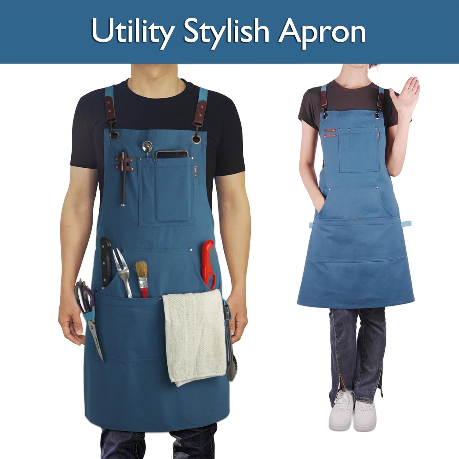 Kitchen Apron, Work Apron, Canvas, Multiple Pockets, Gardening, Painting, BBQ, Artist, Carpenter, Sizes M to XXL, Blue - Image 2