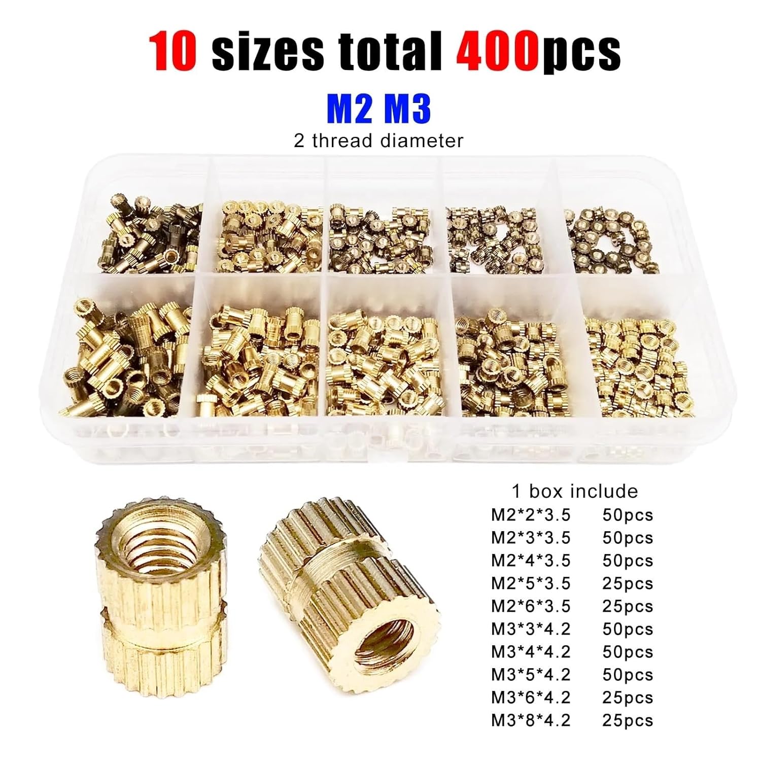 1125/1200pcs Mix 10 Size M2 .5 M3 M4 Solid Brass Copper Injection Molding Knurl Insert Nut Assortment Kit(M2 M3 400pcs)
