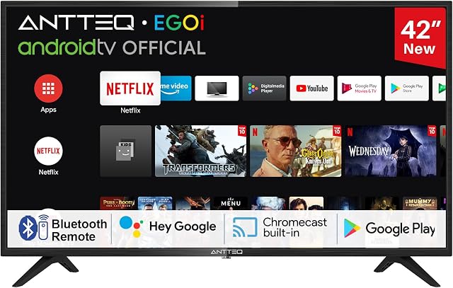 ANTTEQ Smart TV 42 cali (106 cm) telewizor z systemem Android z asystentem Google, telewizor LED Full HD Wi-Fi, pilot BT z mikrofonem, DVB-C/S2/-T2, Google Play Store (Disney+/Netflix/Prime