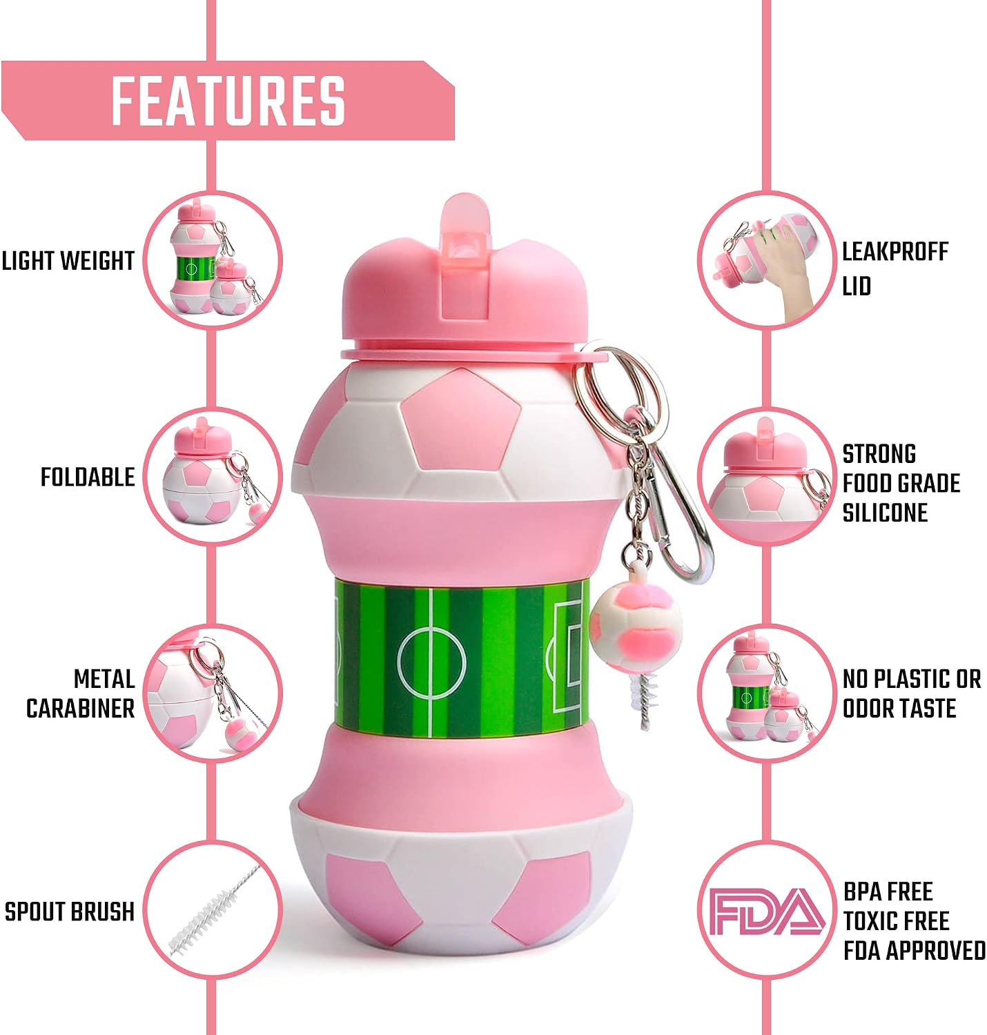 RIXOZ Pink Collapsible 550ml Silicone Water Bottle With Football Keyring For Kids, Pink Football, 550 ml - Image 3