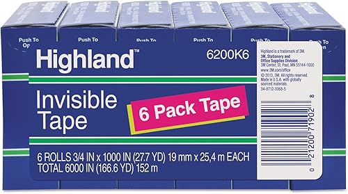 Highland Cinta reparadora permanente invisible 6200K6, 34 pulgadas x 1000 pulgadas, núcleo de 1 pulgada, transparente, paquete de 6