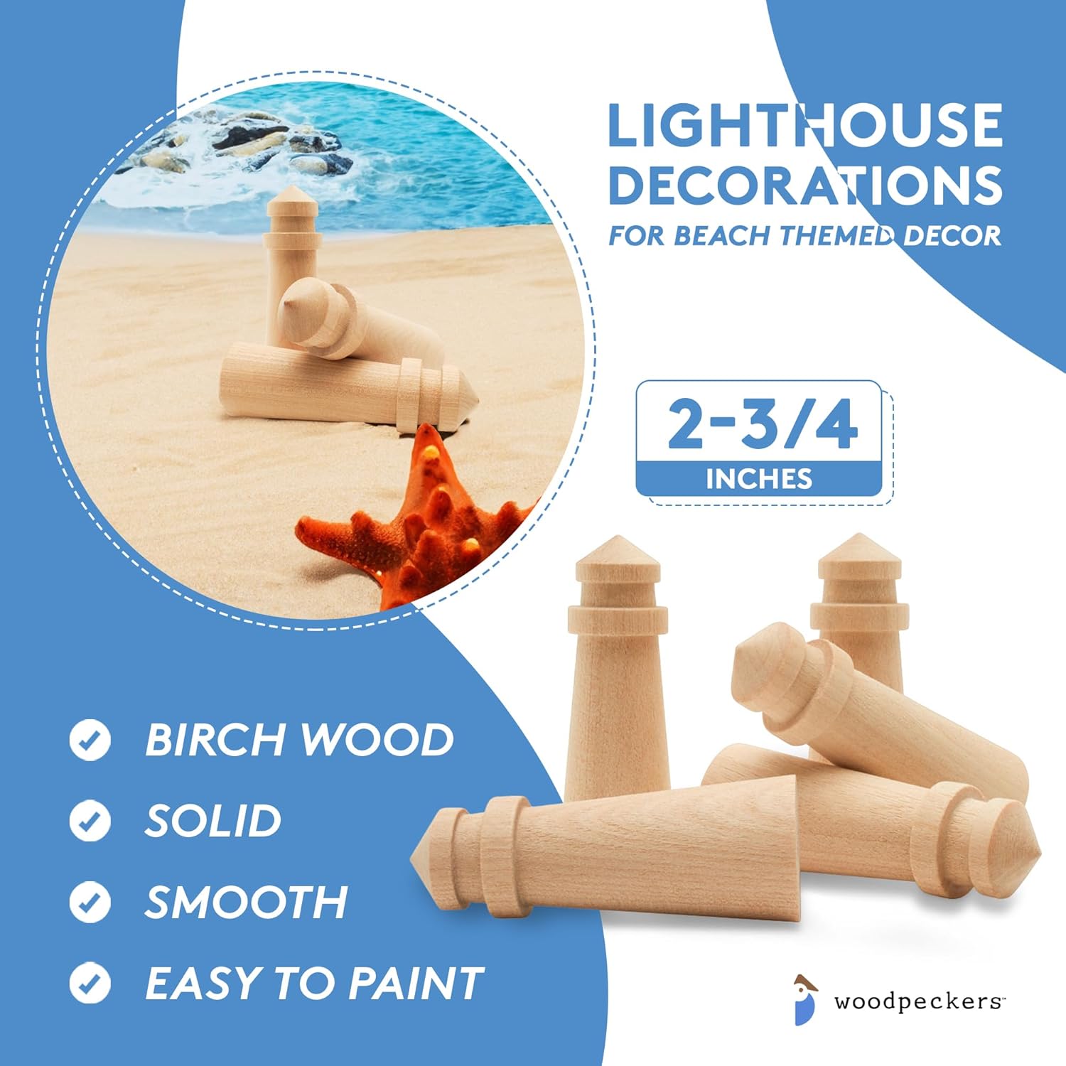 Lighthouse Decorations for Beach Themed Decor, Pack of 10 Mini Wooden Lighthouse Figures, 2-3/4" Lighthouse Ornaments, by Woodpeckers