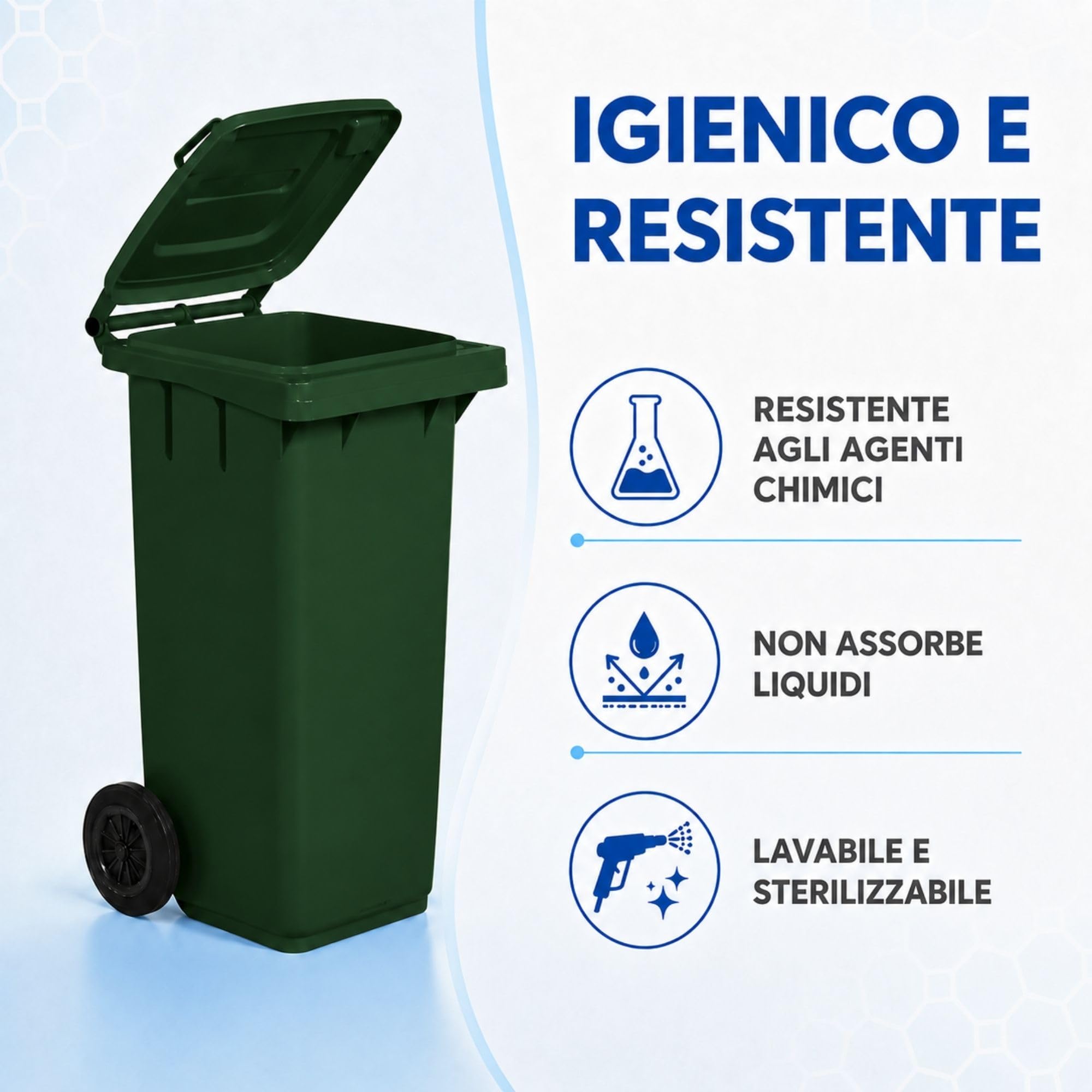 Bidone Carrellato 120 Litri PEHD Verde Scuro con Ruote Silenziose
