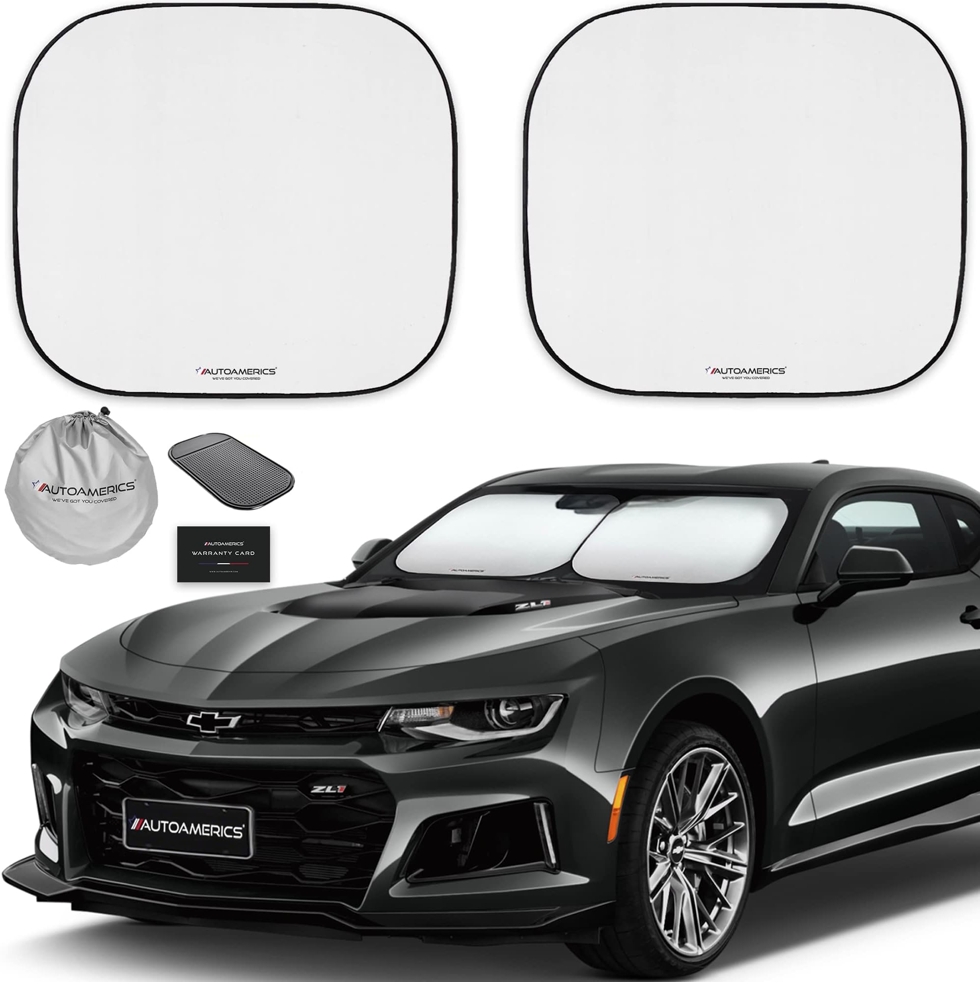 Autoamerics 2-Piece Windshield Sun Shade - Foldable Car Front Window Sunshade for Most Compact Sports Cars - Auto Sun Blocker Visor Protector Blocks 99% UV Rays and Keeps Your Vehicle Cool - Small Fit