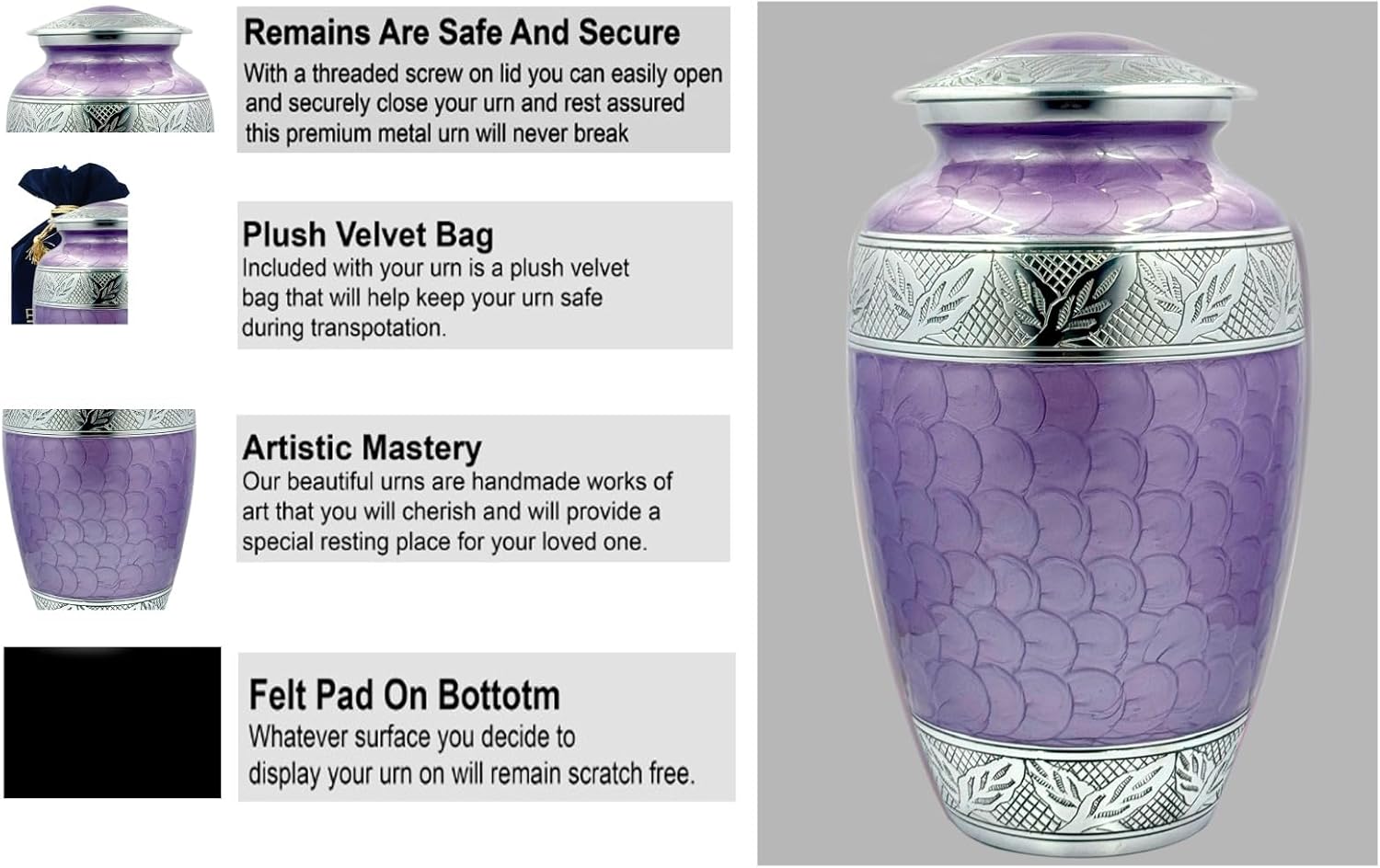 Handcrafted Urn for Ashes Adult Male and Female - Cremation Urns for Human Ashes Adult Man and Woman - Decorative Funeral Urns - Memorial Urn with Light Purple Finish