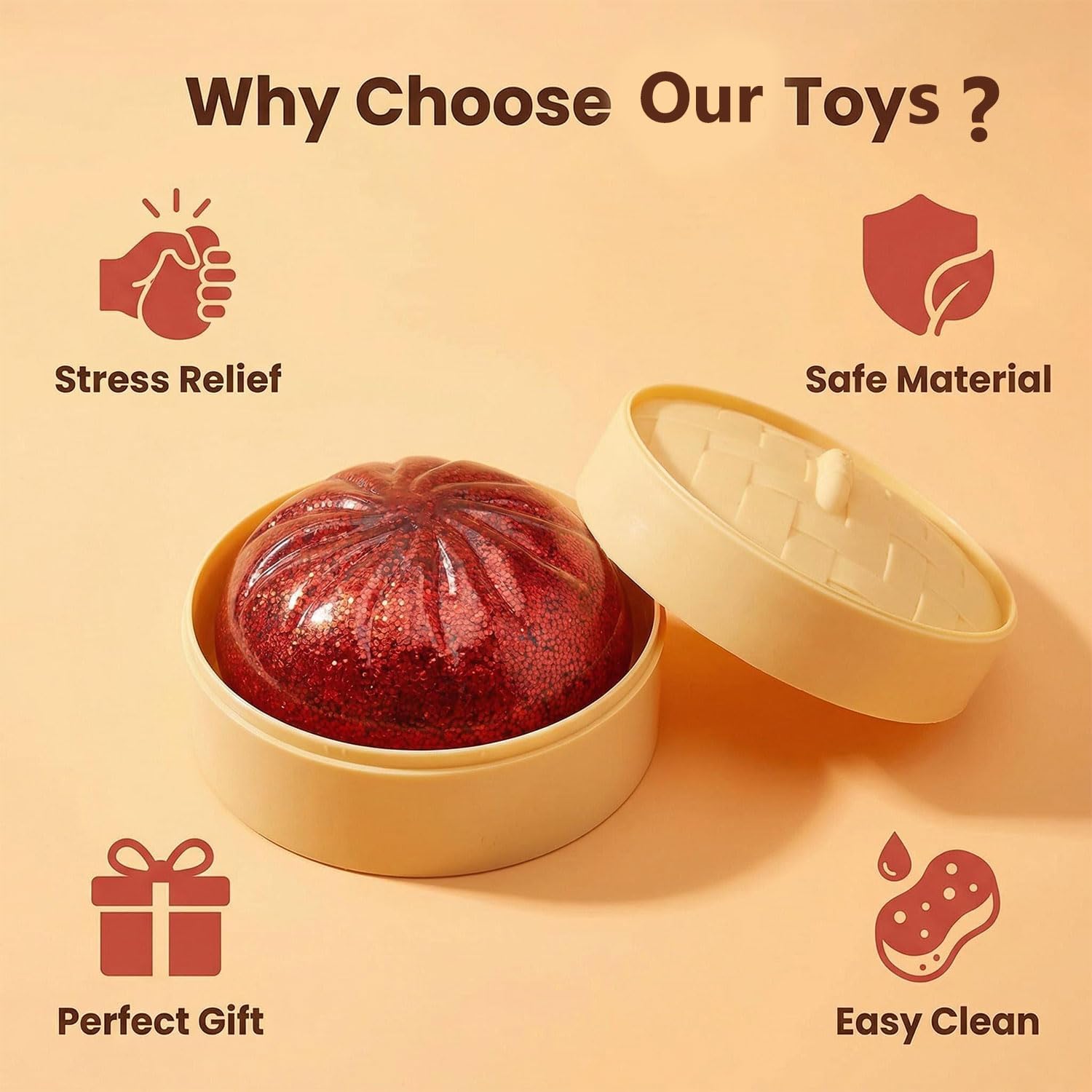 Glittery Red Dumpling Toy with Steamer Case, Funny Squeeze Dough Stress Ball, Realistic Steamed Bun Squeezing Toy for Fidget Sensory Anxiety Relief Calming Travel Accessory Gift