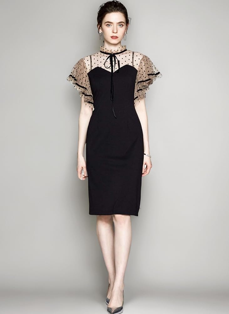 【Sサイズ】ブラック ドット柄 シースルー袖 パーティードレス Amazon | [EightSTAR Dress] パーティードレス ワンピース シースルー
