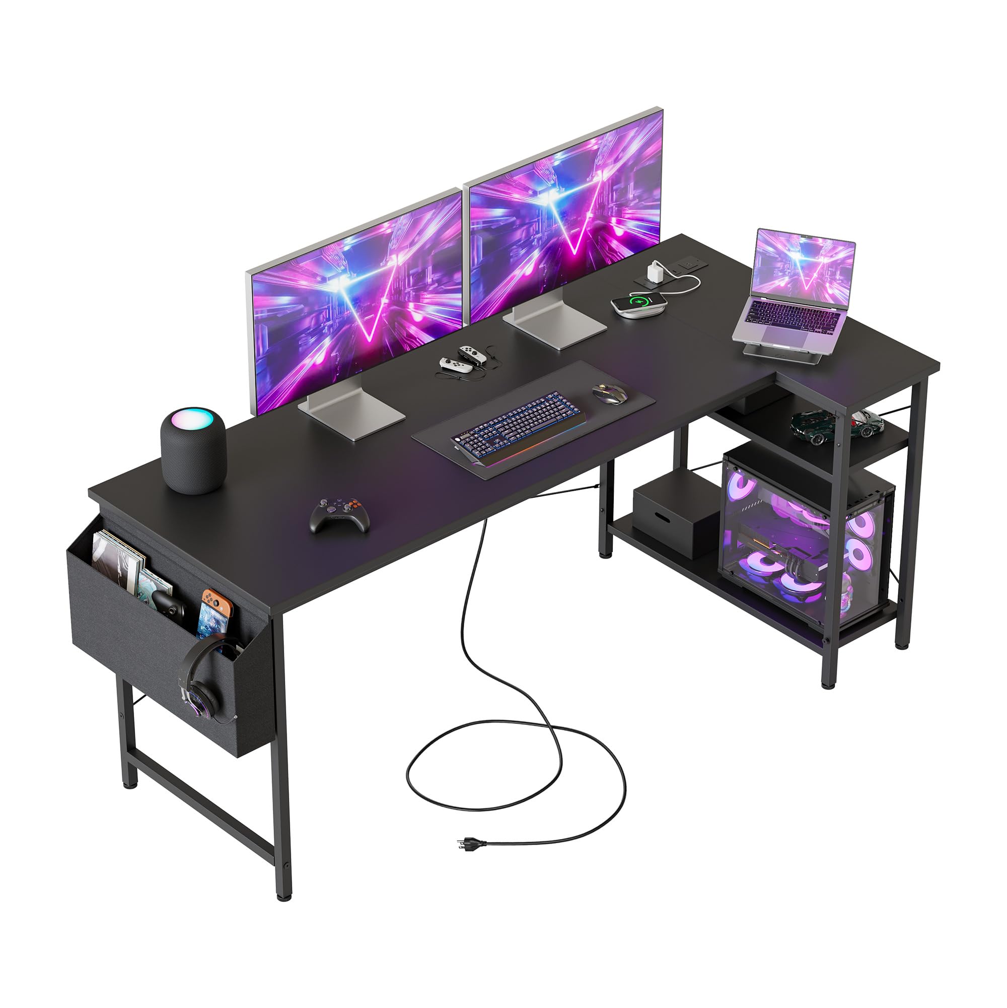 Mericonia Small L Shaped Desk with Power Outlets,140x70 cm L Computer Corner Desks with Reversible Shelves, Gaming Desk, Study Writing Table for Home Office, Black
