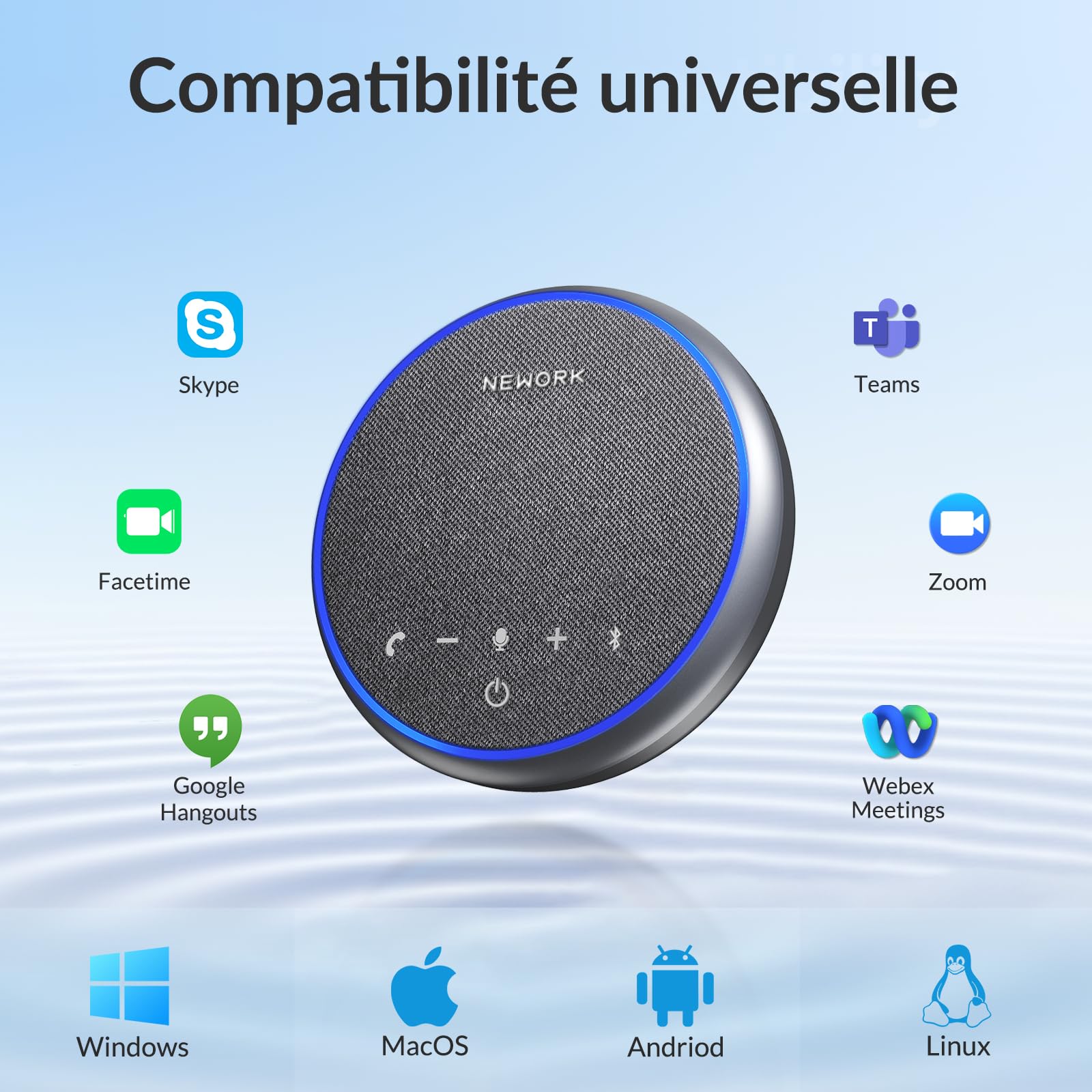 Haut-Parleur de Conférence Bluetooth, Micro 360° avec 3 Micros AI Réduction du Bruit, Autonomie 12h, USB-C & Bluetooth, Speakerphone Portable pour Bureau, Télétravail, Zoom, Teams