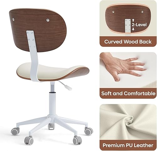 Miniatura 5 de Bestier Silla de oficina en casa con soporte de respaldo de madera curvada, silla de escritorio sin brazos con giro de 360, silla de computadora de