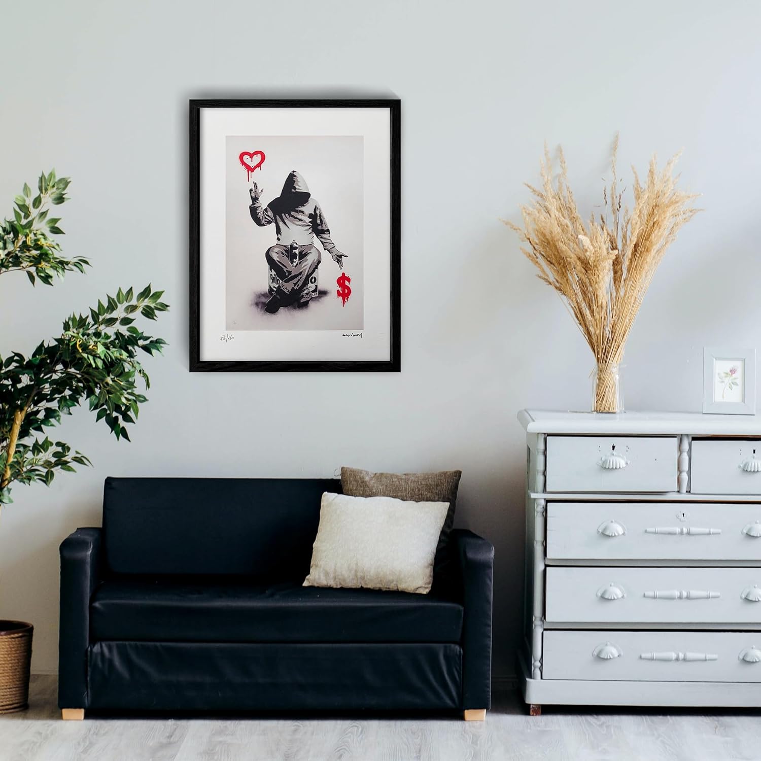 OVVGVV Quick Shipping Framed Banksy Wall Decor, Love Over Money Hoodie Men Minimalist Positive Graffiti Street Art for Bedroom, Living Room, Office-New Year Valentine's Day Gift for Men(16x24in,Type2