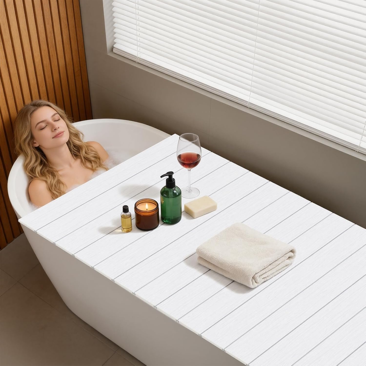 Foldable Bathtub Tray PVC Cover, Shutter Bath Lid, Anti-dust & Thermal Insulation Bath Insulation Cover, Fit Most Tub, White, 63x31.5 Inch, Waterproof Dustproof Insulation, Supports 11 Lbs