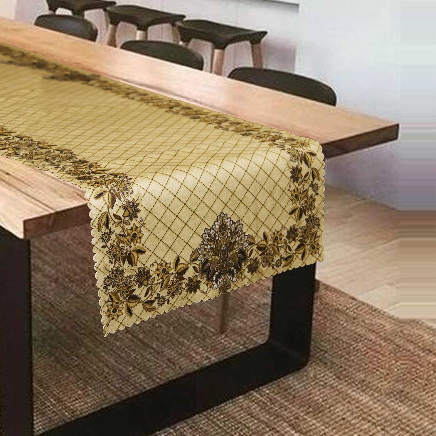 OrientalWeavers Printed Polyester Velvet Dining Table Runner for 6 Seater, for Home, Cafes, Restaurants & Hotels, Golden Floral, 16x72 Inches