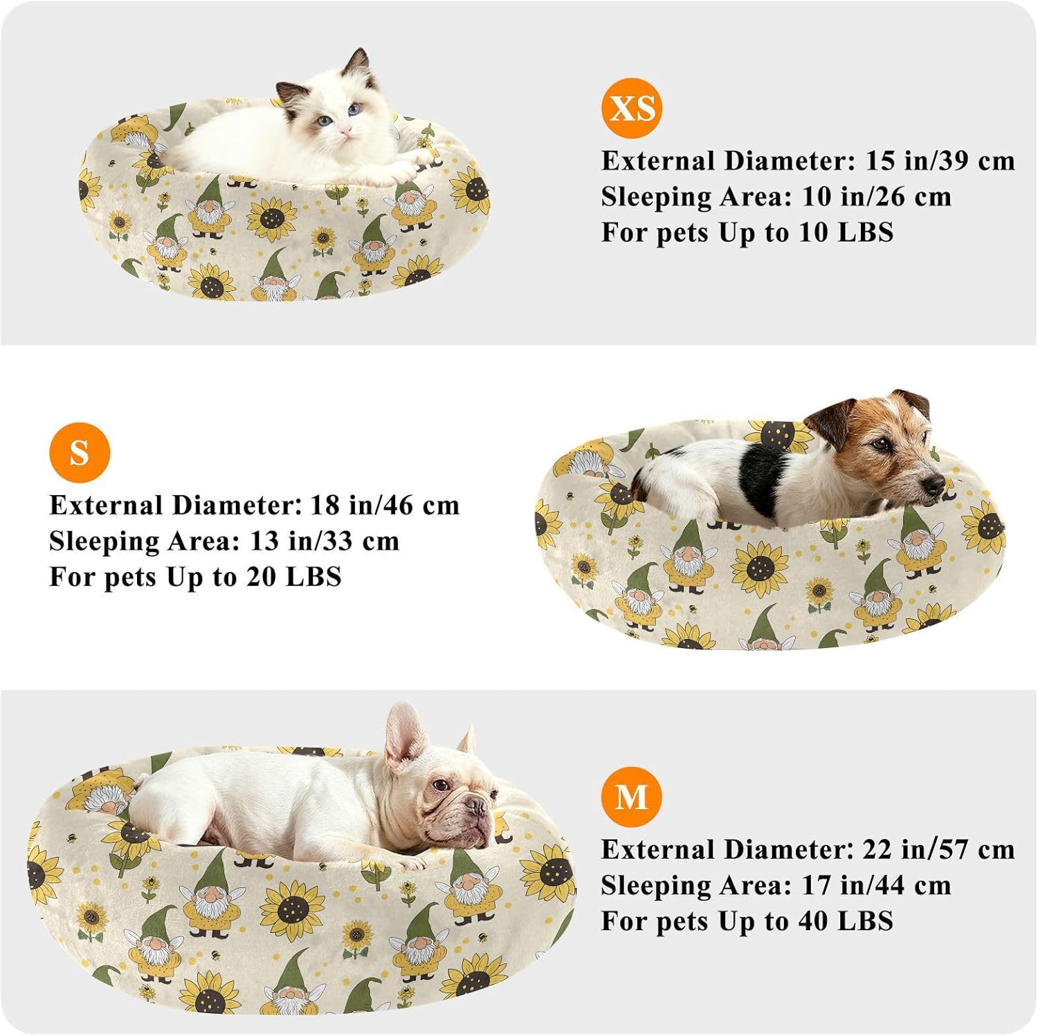 Pet Dog Bed Removable & Washable Fluffy Cat Pillow Bed for Extra Small Size Pets Sleeping M Sunflowers Gnomes Bees