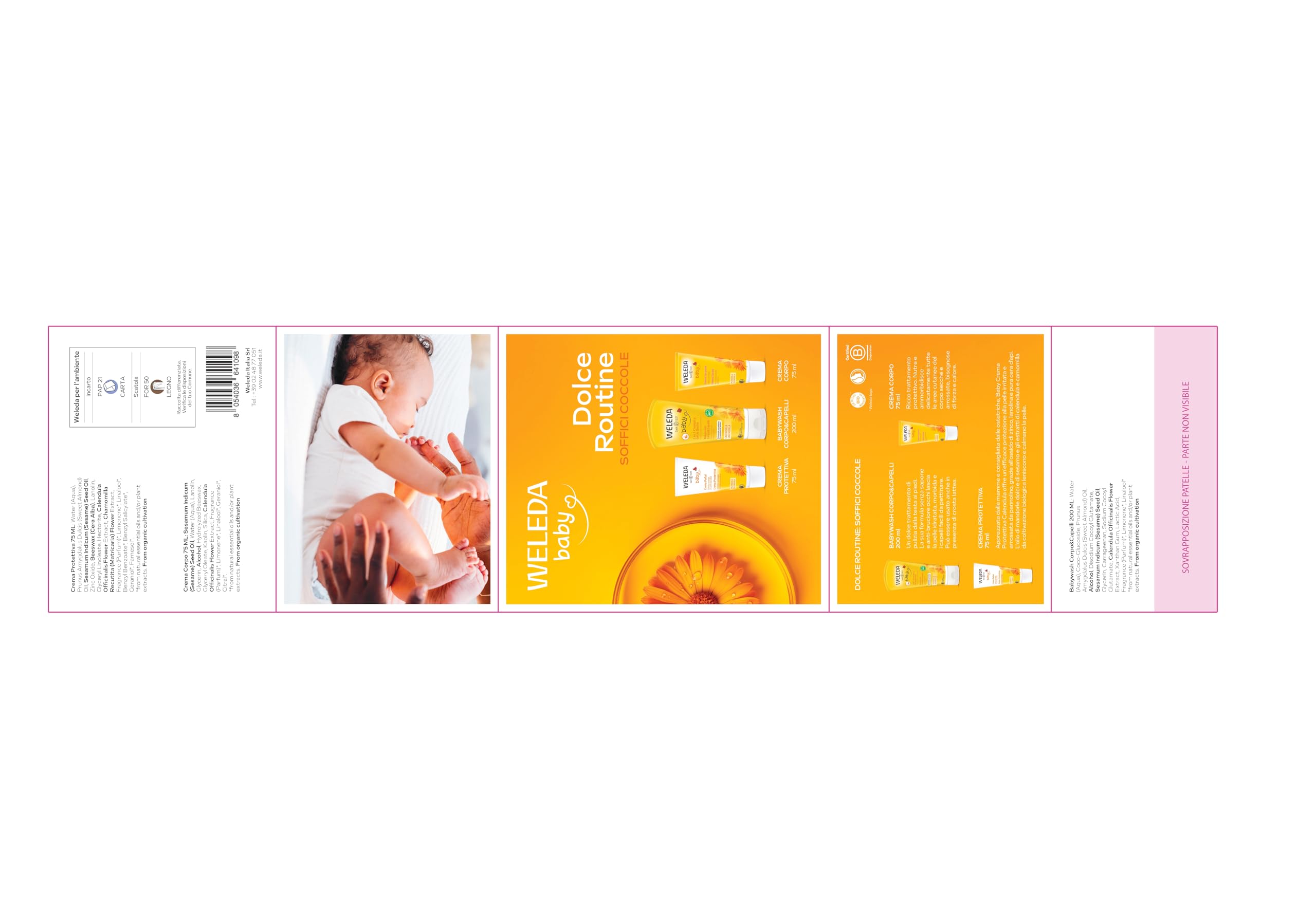 Weleda Kit Baby Dolce Routine, rituale di coccole per la pelle delicata dei più piccoli, contiente Babywash Calendula 200 ml, Crema Protettiva Calendula 75 ml, Crema corpo Calendula 50 ml