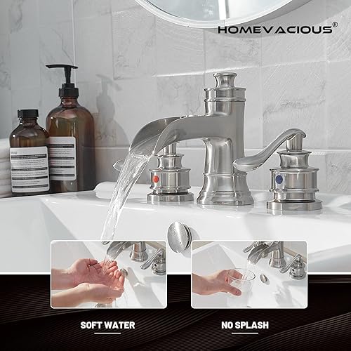 Miniatura 5 de Grifo de baño de 8 pulgadas, 3 agujeros, 2 asas, níquel cepillado, cascada, grifo de lavabo de baño con desagüe emergente, grifo mezclador con línea