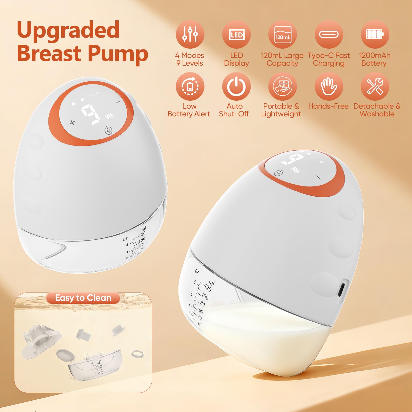 Tiralatte elettrico a mani libere - 2 tiralatte portatili da 120 ml con 4 modalità e 9 livelli, tiralatte ricaricabile con display a LED, spegnimento automatico da 20 minuti