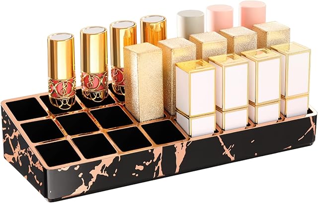 Shinowa Lipstick Organizer, 24 Spaces Lip Gloss Holder, Acrylic Lipstick Holders and Organizers for Lipsticks, Brushes, Bottles, Lip Glosses, Black + Rose Gold Marble