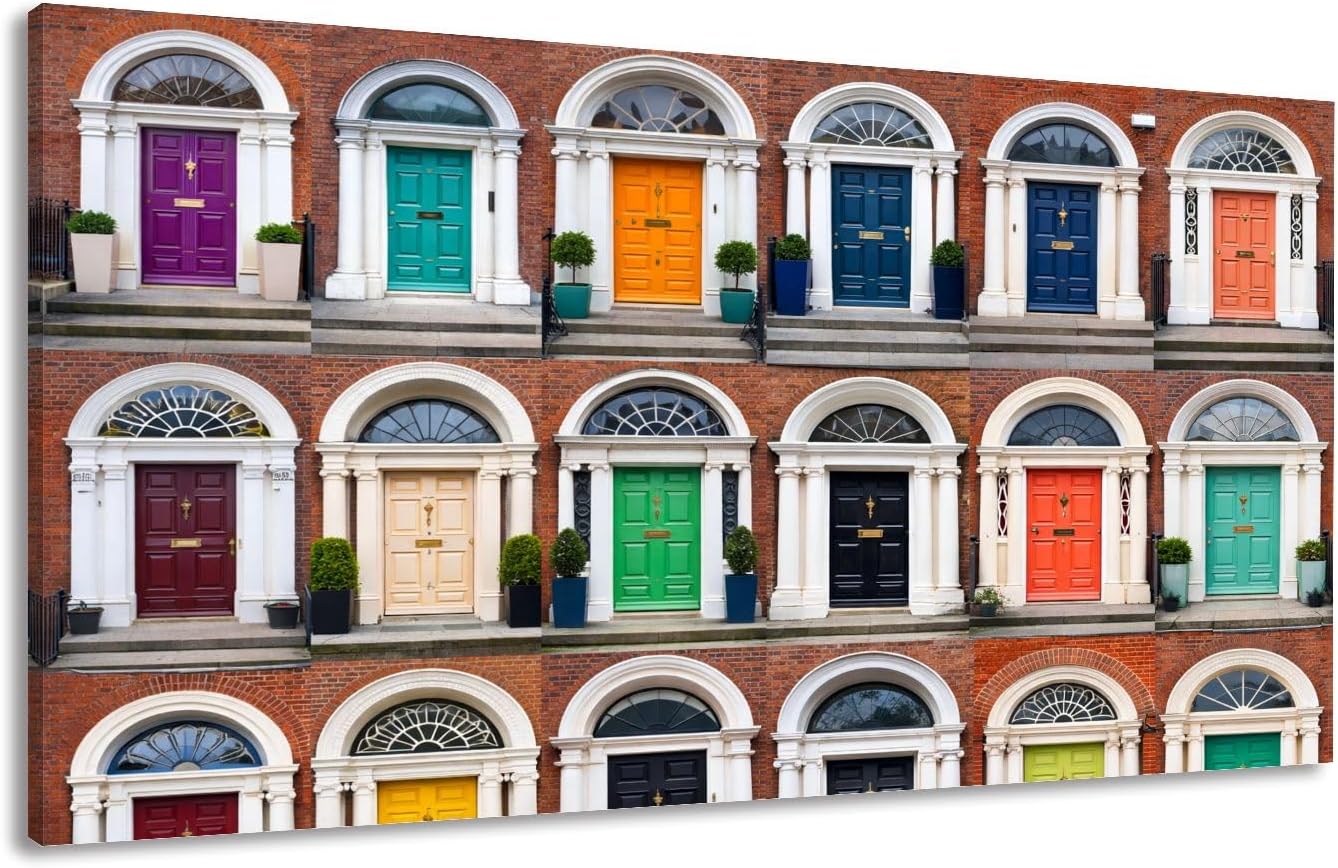 Canvas Wall Art Prints Colorful collection doors dublin ireland photo collage 16 Large Framed Artwork Wall Paintings Pictures Posters 24"x48" Home Decor for Living Room Office Bedroom